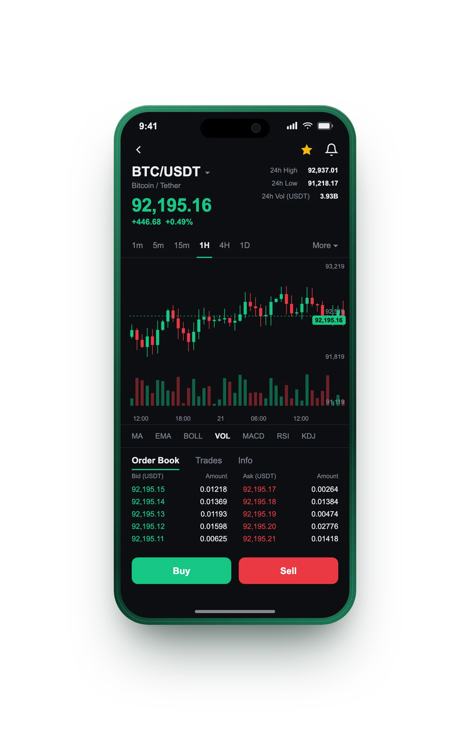 Seguro Tradex — BTC/BRL live candlestick chart, order book and one-tap Buy/Sell on mobile